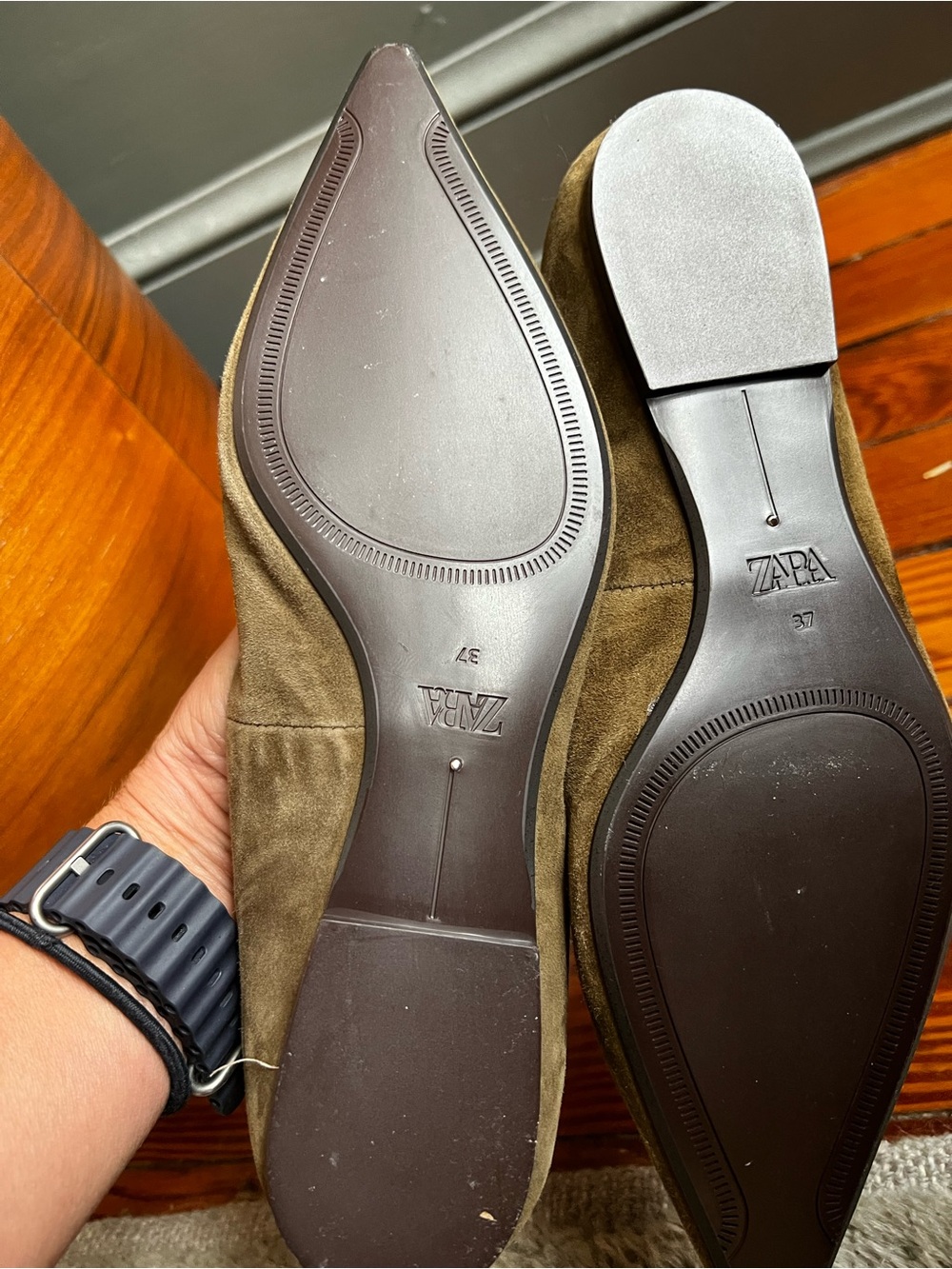 Pointed Toe Suede Flats in Olive Brown - Picture 3 of 4